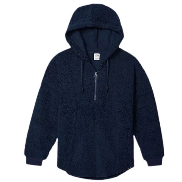Victoria’s Secret Pink Varsity Sherpa Half Zip Pullover cozy Hoodie Ensing Blue - Picture 1 of 5